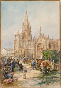 Market scene at Le Folgoet, Brittany by Gustave Fraipont